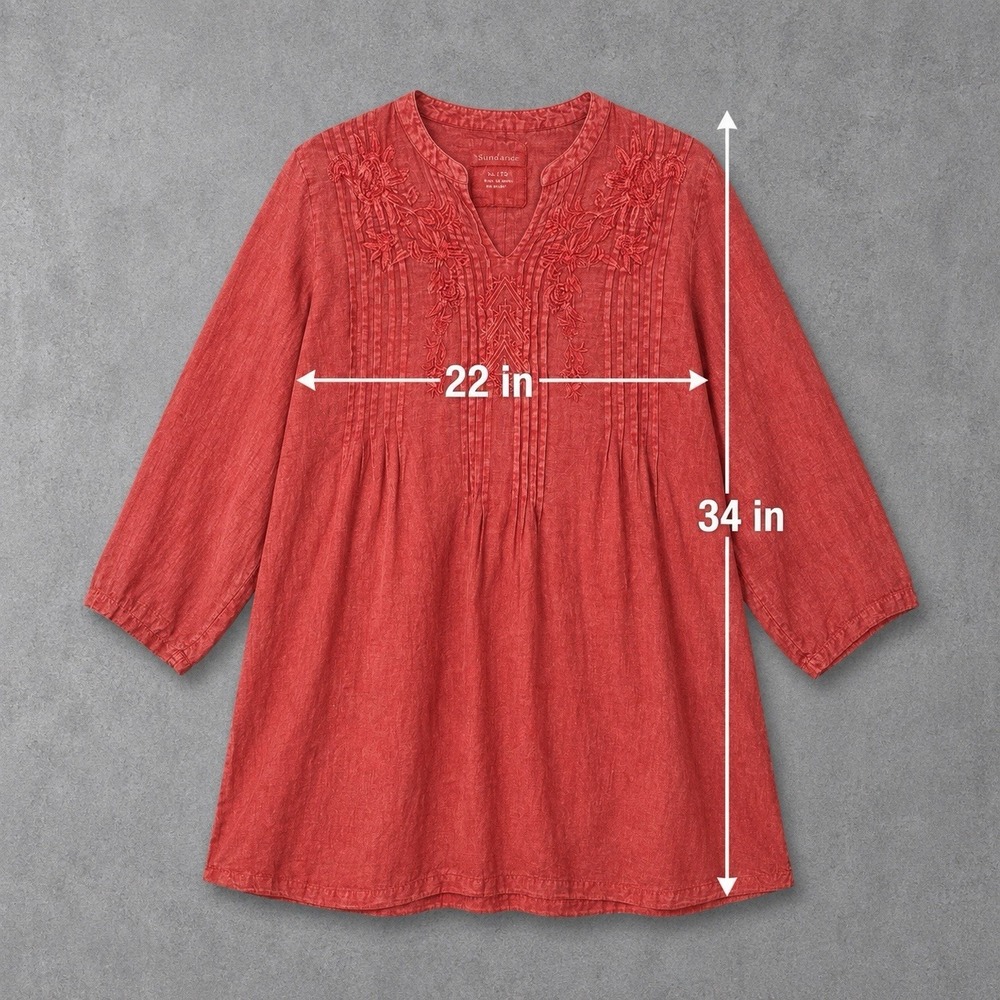 Karyn Seo Coral Linen Tunic Top Womens XL Embroidered Pintuck Pleat Pullover - Picture 8 of 8
